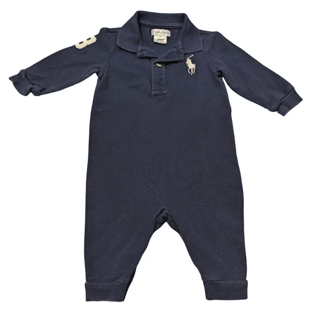 Ralph Lauren Navy Blue Long Sleeve Polo Romper Baby 6M Pony Logo 3 Patch
